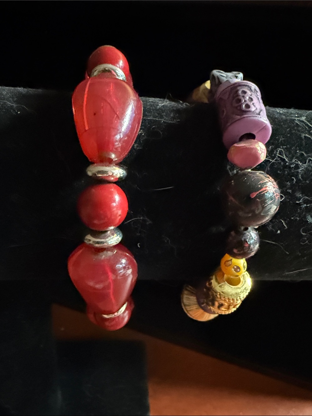 Red Beaded Stretch Bracelet/Multi Color & Texture beaded bracelet - Set